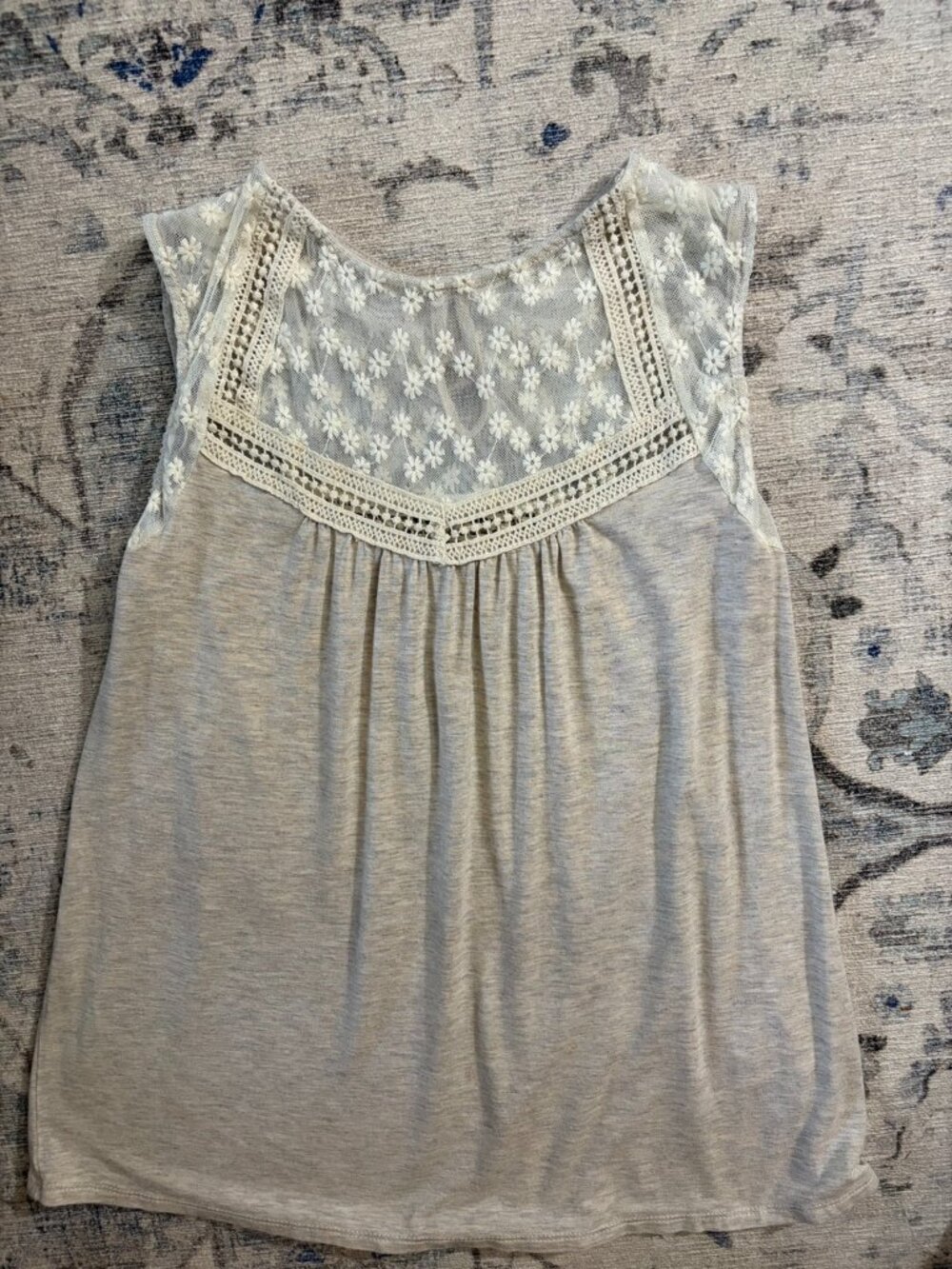 Loveappella Hilly Lace Yoke Knit Top Small Oatmeal Ivory
